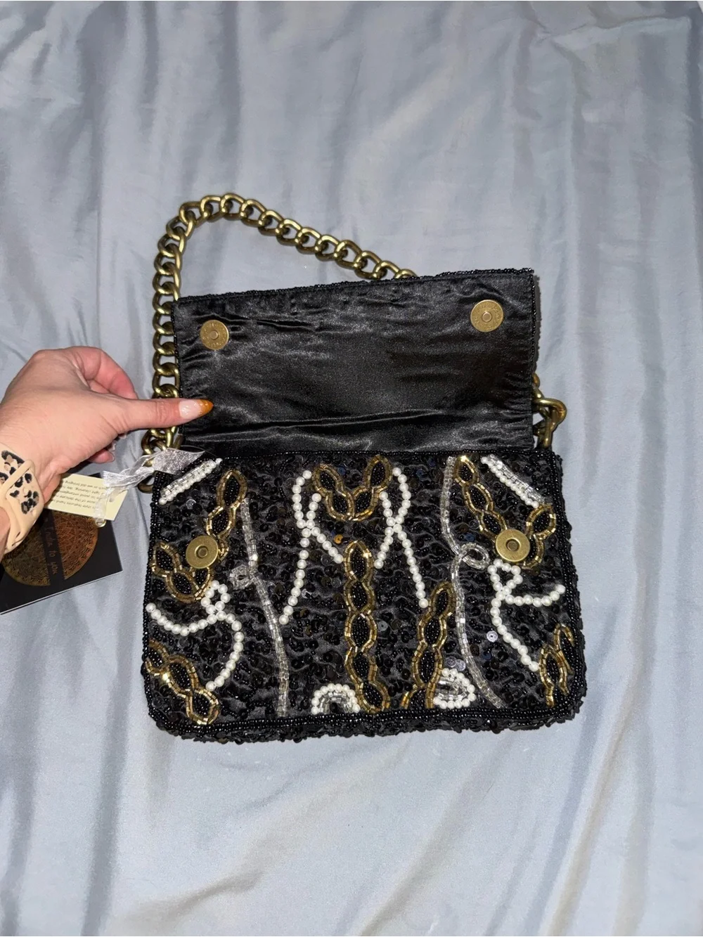 Black Sequin & Pearl-Embellished Shoulder Bag with Gold Chain